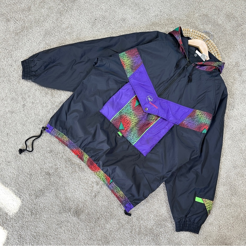 Rossignol Men’s Vintage Windbreaker Jacket 1/2 Zip Retro in Neon Multicolor XL